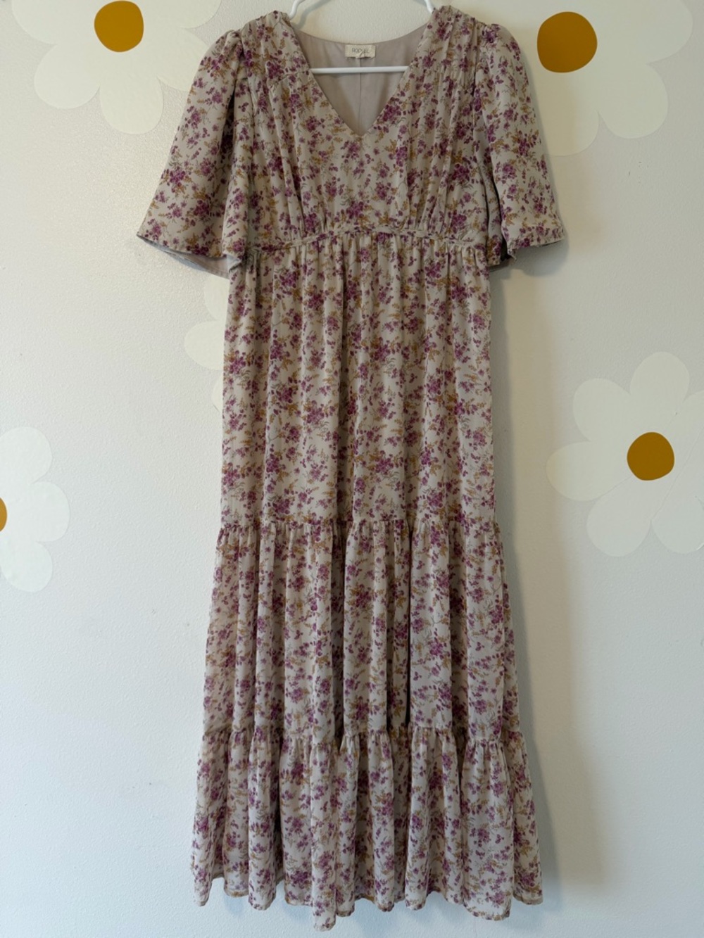 EUC Roolee Cream Midi Flutter Sleeve Tiered Dress with Pink Floral Print - Picture 5 of 14
